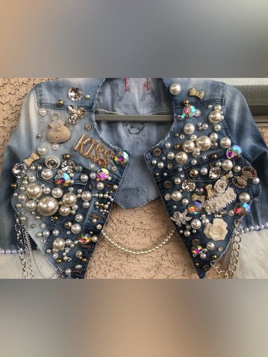 Jessebelle Boutique Jackets & Blazers - Embellished Blue Denim Women's Jeans Jacket - Pearls & Crystals